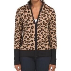 RACHEL ZOE Leopard Print Mock Neck Zip Front Cardigan Sweater Women's Size Small